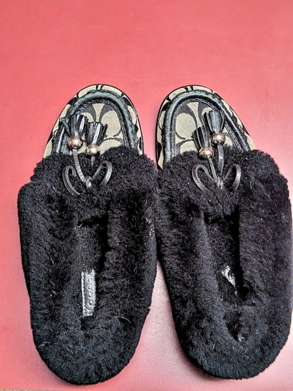 COACH Fiona Signature Shearling Moccasin Slippers Black & Brown